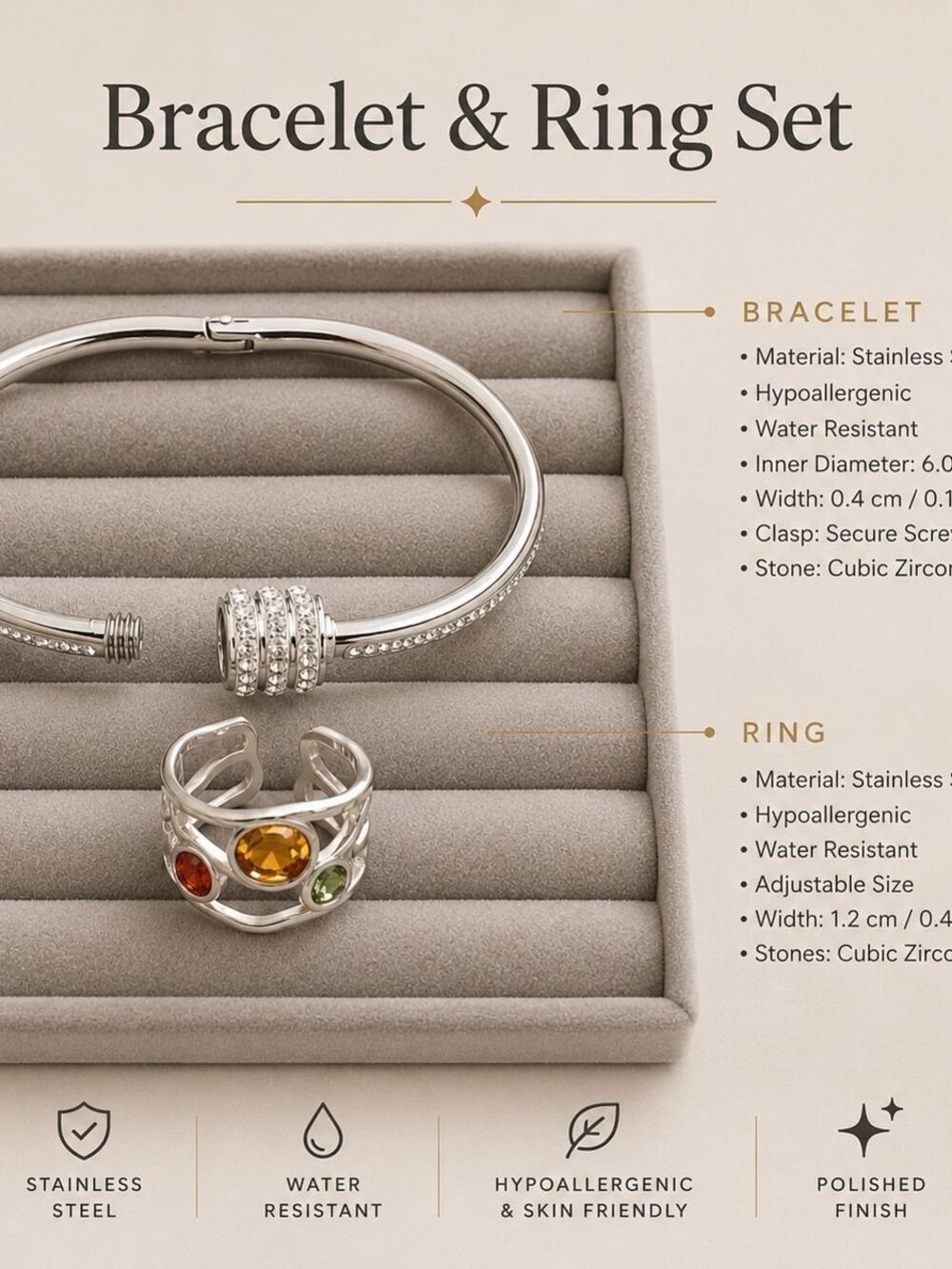 Stainless Steel Bracelet Ring Set Amber Gemstone - Picture 5 of 7